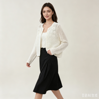 Cardigan blanc ajouré en tricot pour femme, broderie florale, devant ouvert, manches longues, coupe courte, veste décontractée en tricot, pull, manteau