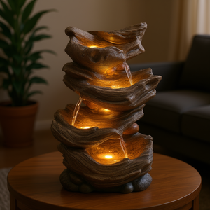 Fuente de mesa en cascada de 4 niveles de poliresina, aspecto de madera marrón para interiores, con luz LED, 9x5x14, diseño rústico - Product Image 2