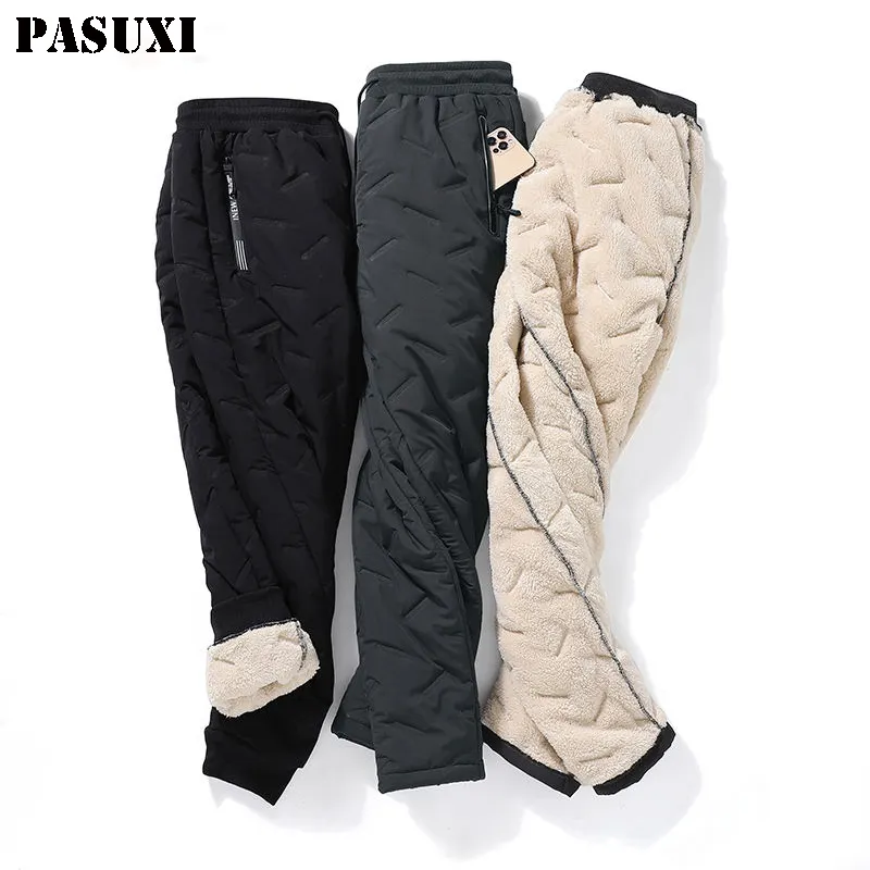 PASUXI all'ingrosso tasche invernali con Zip spesso pantaloni in pile da uomo pantaloni caldi in poliestere grigio nero pantaloni impermeabili maschili