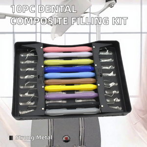 Ensemble de 10 instruments de restauration dentaire en composite avec poignées ergonomiques colorées et composants métalliques, outils manuels de classe I - Product Image 2