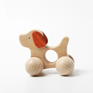 自然设计工艺品玩具婴儿抓握圆形出牙玩具一体机木制动物汽车