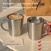 Bouteille d'eau en acier inoxydable 304 à double paroi, style coréen, 15 oz, tasse à bière, motif diamant martelé, anti-brûlure, avec poignée pour café