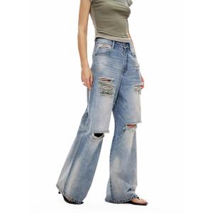Custom Dirty Wash Blue Ripped Jeans for <b>Women</b> 100% Cotton Fabric Denim <b>Trousers</b> Ladies Vintage Baggy Pants <b>Women's</b> Jeans - Product Image 3