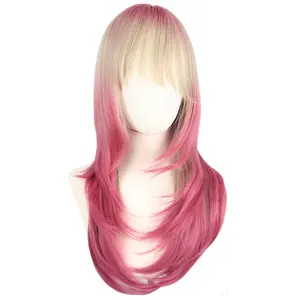 Anxin Wig Anime untuk Cosplay wanita kostum Lolita Wig sintetis panjang merah muda