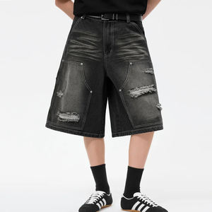 Özel yüksek kalite Vintage orta katlı erkek <span class=keywords><strong>Denim</strong></span> şort gevşek sıkıntılı asit-yıkanmış Trendy kot erkekler için kısa - Product Image 2