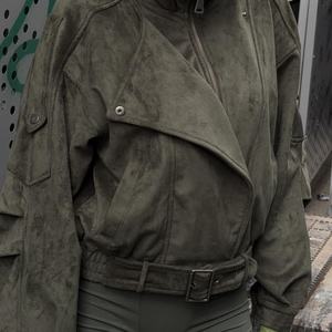 Chaqueta Verde de Gamuza de Alta Calidad, Chaqueta Corta Holgada Estilo Biker, Chaqueta Casual a Prueba de Viento - Product Image 2