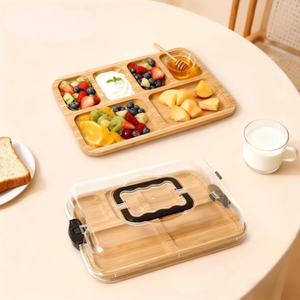 Wholesale Custom Bamboo Cutting Board Divided <strong>Snack</strong> <strong>Tray</strong> with Locking Latches Clear Cover for Camping Catering Gift - Product Image 3