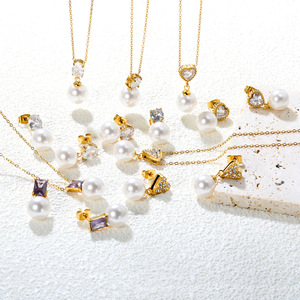 ชุดต่างหูและสร้อยคอประดับมุกเซอร์คอนรูปหัวใจ เครื่องประดับสำหรับผู้หญิงสวมใส่ทุกวัน โทนสีทอง ทรงวงรี - Product Image 1