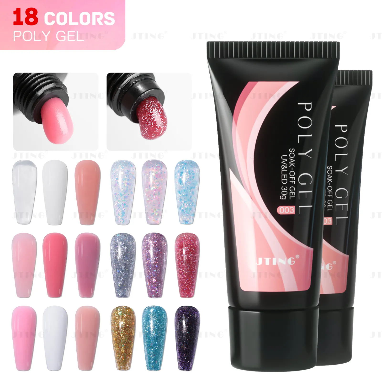 JTING Kualitas Tinggi Tahan Lama Ekstensi Cepat 18 Warna Set Kuku Poli Gel 30Ml Tabung OEM Label Pribadi Ketangguhan Glitter Poligel