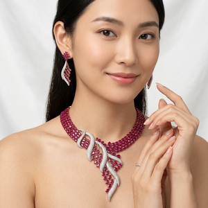 Juego de Joyería de Lujo en Latón con Circones Rojos Rubí, Chapado en Oro, Collar y Aretes de Novia Estilo Indio para Mujer, para Bodas - Product Image 2