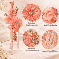 Applique florale 3D en maille perlée faite à la main avec strass et pompon pour vestes, robes, Qipao, robes de mariée, décoration de couture DIY