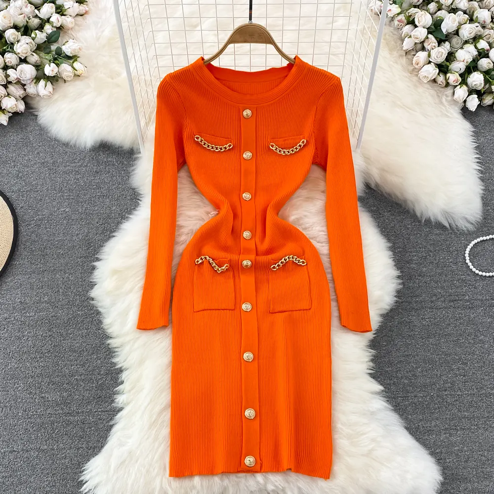 Autumn and winter 2022 women's skirt round neck elastic tight and thin long sleeve knitted bottomed buttock wrap dress