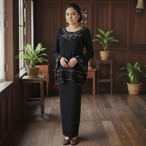 Ensemble Sedondon Raya 2025 Baju Kurung Borong Factory Vintage Broderie Géométrique Motif Écologique Fibre de Polyester Moden Sulam - Product Image 1