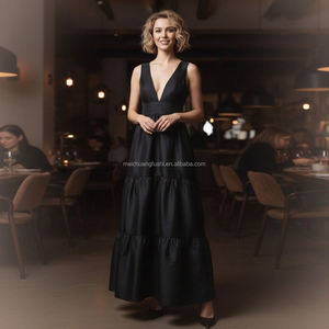 Vestido Maxi Negro Personalizado sin Mangas con Capas <span class=keywords><strong>de</strong></span> Tafetán <span class=keywords><strong>para</strong></span> Mujer, Vestidos Formales <span class=keywords><strong>para</strong></span> Galas - Product Image 4