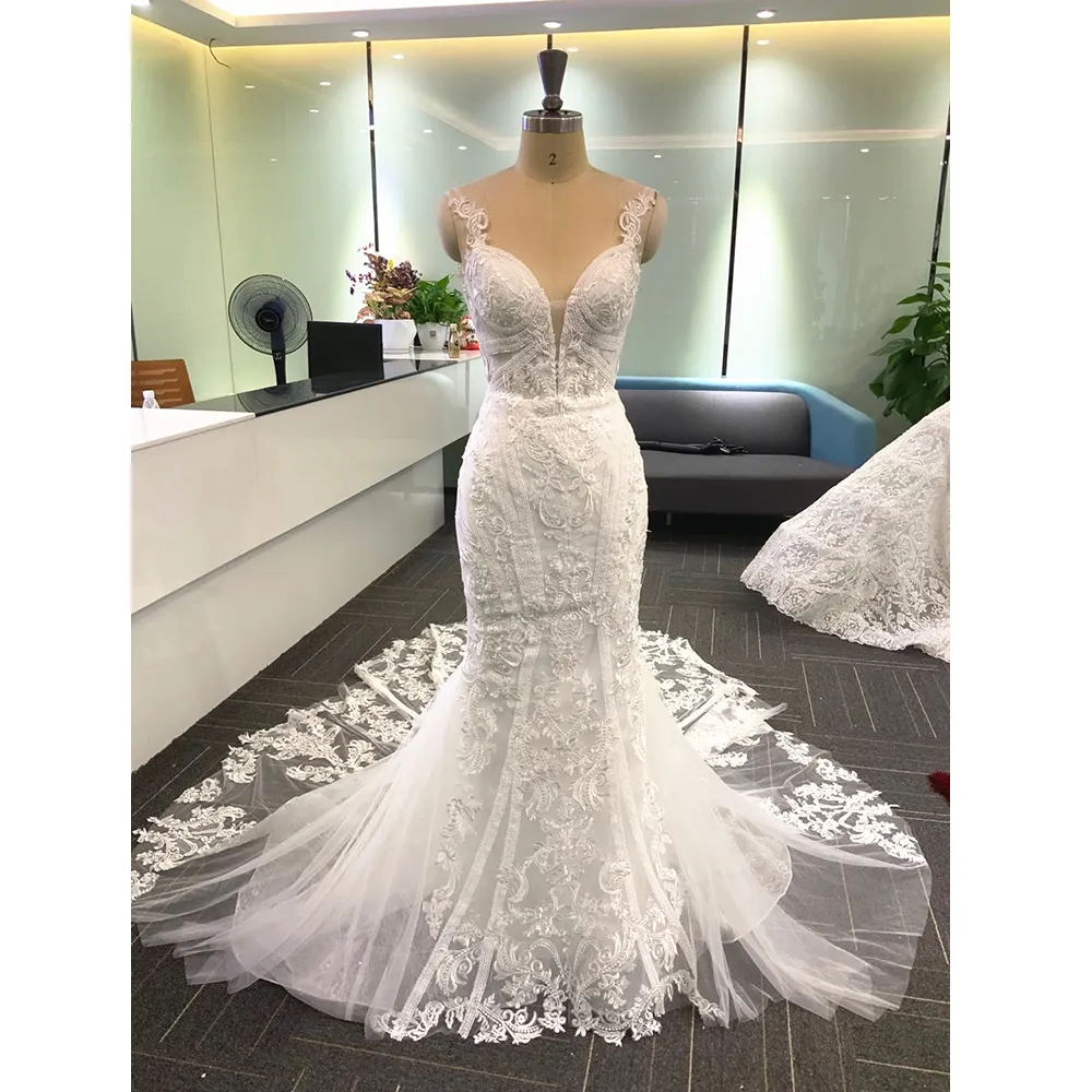 Latest Spaghetti Straps V Neck Full Beaded Embroidery Sexy Ivory White Lace Mermaid Wedding Dress Long Train