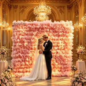 Décoration de mariage : Rideau mural en voile de soie blanc, dentelle et maille, toile de fond en tissu rose - Product Image 1