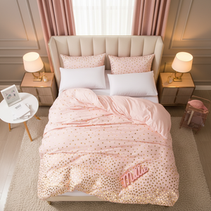 Ensemble <span class=keywords><strong>de</strong></span> <span class=keywords><strong>housse</strong></span> <span class=keywords><strong>de</strong></span> <span class=keywords><strong>couette</strong></span> en <span class=keywords><strong>or</strong></span> <span class=keywords><strong>rose</strong></span> - 300 fils - Polyester écologique - Volants (1 <span class=keywords><strong>couette</strong></span> + 2 taies d'oreiller) - Design moderne et luxueux personnalisable - Product Image 2