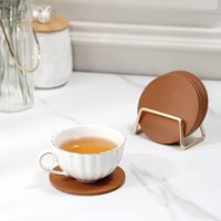 Ensemble de sous-verres ronds en cuir PU avec support en métal doré, décoration de table à domicile, six sous-verres avec support
