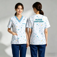 Seragam Kerja Medis Set Scrub Katun Poliester Desain Logo Custom Print dan Bordir Multi-Saku untuk Perawat