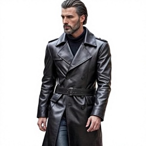 <b>Men</b> Genuine Leather Long Trench Coat Notched Lapel <b>Double</b> <b>Breasted</b> With Belt Regular Fit <b>Overcoat</b> - Product Image 1