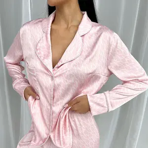 Lovely Lady Fashion Pajama Pink Print Long Sleeve And Pants Satin Pajamas Loungewear Women Sets