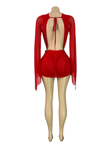 Abito <span class=keywords><strong>Mini</strong></span> Bodycon Sexy in Rete Trasparente da Donna con Maniche Lunghe e Scollo a V Profondo, Vestito Irregolare - Product Image 6