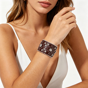 European American Retro Rhinestone Studded Wide <b>Leather</b> <b>Bracelet</b> Crocodile Pattern Punk Hip Hop Motorcycle Style - Product Image 2