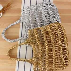 Bolso de mano de paja para mujer, diseño hueco con hilo dorado y plateado, trenzado a mano, para verano, moda, vacaciones, playa, 2024 - Product Image 5