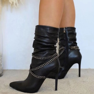 Pleated Shaft Metal Chain Decor Side Zip Pointy Toe Half Knee High Shoes Women <b>Boots</b> Thin Heel Warm Mid-calf Lady Big Size - Product Image 1