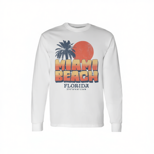 Camiseta de manga larga con estampado de palmeras y puesta de sol retro de Miami Beach, Florida - Product Image 2
