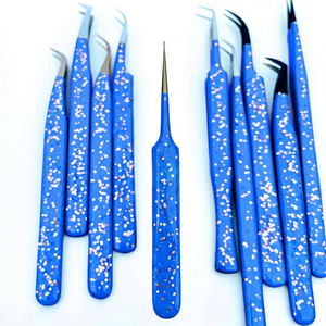 Pince à épiler professionnelle Bellus International OEM en acier inoxydable pour extensions de cils, pointe lisse, prise parfaite, manche bleu, précision - Product Image 1