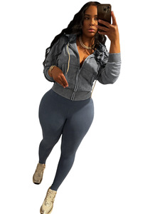 Da <span class=keywords><strong>donna</strong></span> in pile con cappuccio lungo sportivo Casual in due pezzi autunno Fitness Yoga Wear con cerniera lavata a tinta unita <span class=keywords><strong>pantaloni</strong></span> da Yoga - Product Image 3