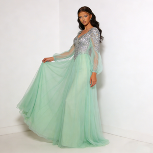 Abiti Eleganti da Donna alla Moda <span class=keywords><strong>in</strong></span> <span class=keywords><strong>Tulle</strong></span> Verde Menta Chiaro con Paillettes, Scollo a V Profondo, Maniche Lunghe Trasparenti e Lunghezza fino a Terra - Product Image 2
