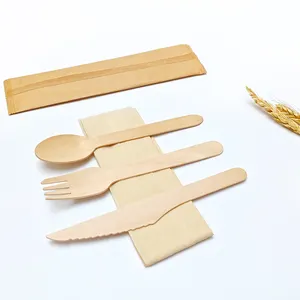 Wholesale Compostable Disposable Tableware Biodegradable 4 In1 Bamboo Wooden Cutlery Set