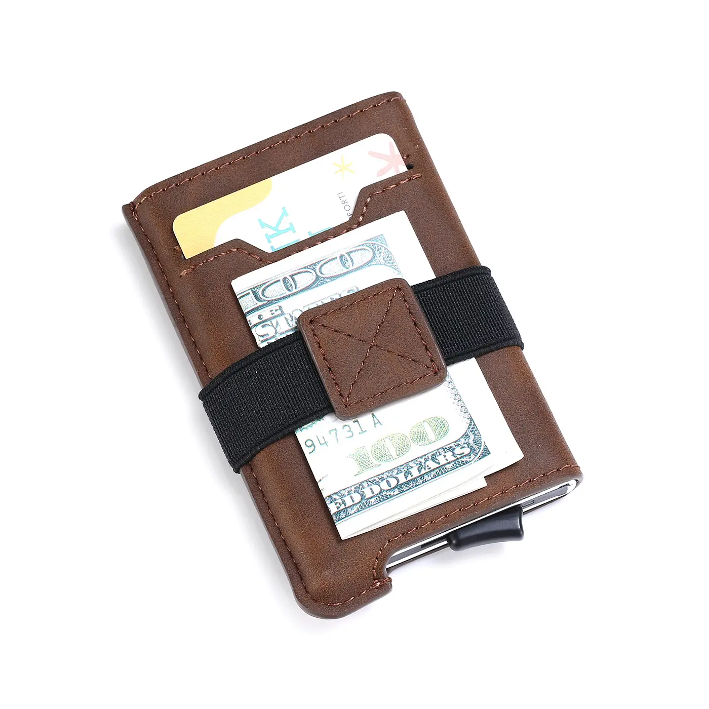Pop-up Aluminium Fall Karte Brieftasche RFID blockierende Leder Metall Kreditkarten halter mit Gummiband