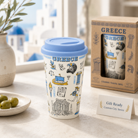 Mug de voyage en céramique souvenir de Grèce avec couvercle en silicone, design urbain pour collection de mugs de voyage en porcelaine, personnalisation OEM ODM, vente en gros