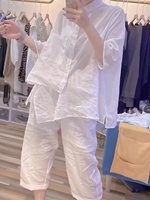 Ensemble Femme Vente en Gros Boutique Été 2026 Personnalisé Coton Lin Décontracté Chemise Blanche en Lin et Pantalon à Jambes Droites