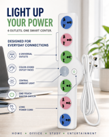 Meilleur prix pour une multiprise universelle à 6 prises avec prises multifonctions codées par couleur, interrupteur principal et cordon d'extension long