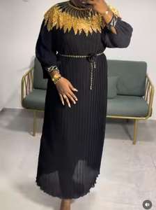 Plissiertes Damenkleid Stretch Übergröße Rüschen Langarm Vintage Lässiges Langes Maxikleid für Frauen - Product Image 2