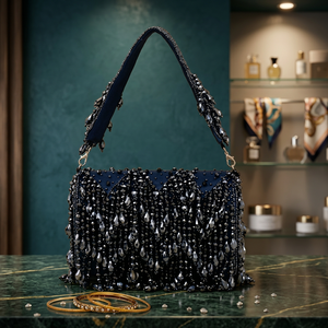 Flap Evening <b>Clutch</b> <b>Bag</b> with Best Quality <b>Blue</b> Color Fringe and Pearl Accents Handmade Shoulder <b>Bag</b> <b>for</b> Party & <b>Wedding</b> Events - Product Image 3