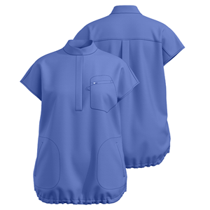 Blusa Sanitaria Azul de Cuello en V para Mujer, de Poliéster y Spandex, Manga Corta con Bolsillos Delanteros, Detección de Agujas, Uniforme Hospitalario - Product Image 1