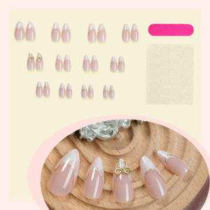 24 Uñas Postizas Francesas con Forma de Almendra, Elegantes, Cobertura Completa, Uñas Artificiales a Presión, Exquisito Accesorio <span class=keywords><strong>para</strong></span> el Cabello con Lazo, Borde Dorado <span class=keywords><strong>para</strong></span> Dedos - Product Image 3