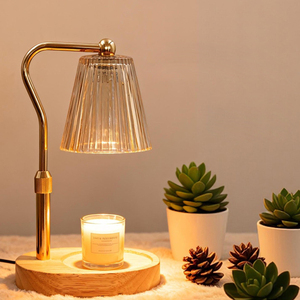 Lampada Scaldacandela Elettrica In Vetro E Legno, Dimmerabile, 15x15x29 Cm, Con 2 Lampadine 50W