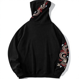 Sweat-shirt à capuche en coton noir surdimensionné pour homme, style chinois, broderie de dragon, avec poche et broderie à la main - Product Image 2