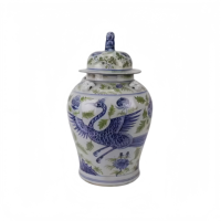 Pot en porcelaine bleu-vert antique avec couvercle à finition lion et motif phénix, pot à gingembre en céramique chinoise pour la décoration intérieure