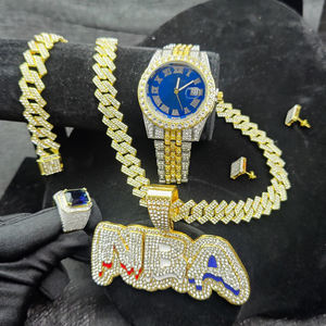 Hip Hop-Uhr+Armband +Halsband+Hangen+Ring+Ohrringe-Set kubanische Kette Quarzuhr Diamant-Armbanduhren Eiswache Mann - Product Image 5