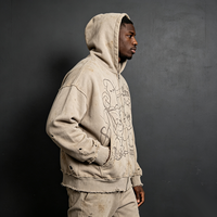 Sweat à capuche zippé délavé et vieilli kaki clair, avec motif créature de dessin animé craquelé Kornit DTG, coupe oversize, style streetwear