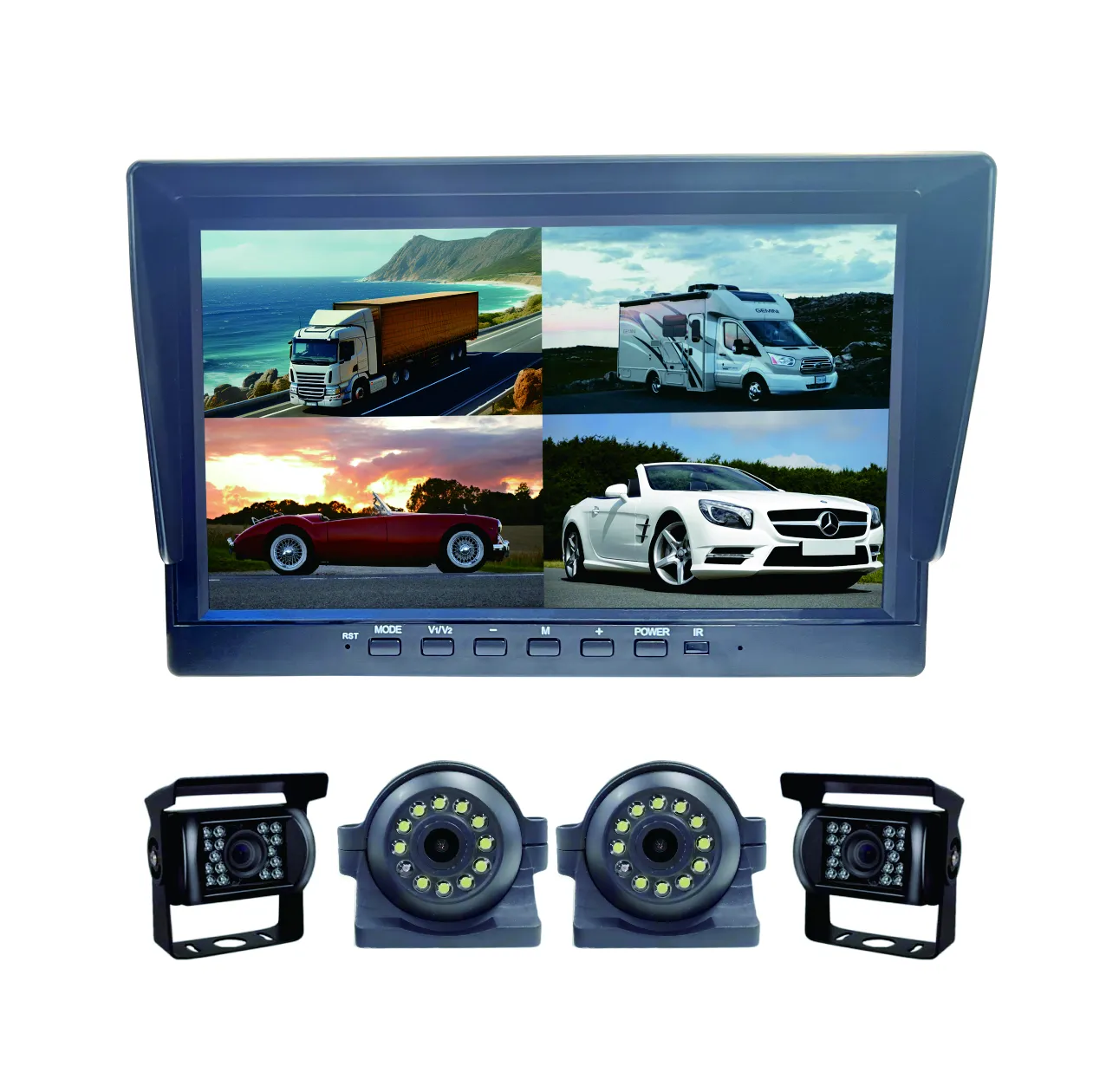 10 inch HD quad screen with 1080P or 720P night vision waterproof side dash camera system for bus travel and school buses