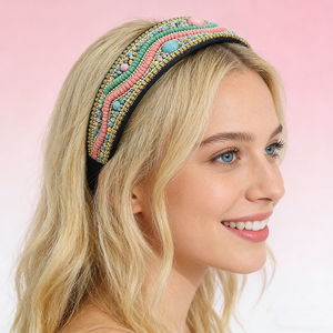 Nouveau <span class=keywords><strong>bandeau</strong></span> baroque de style ethnique bohème accessoires <span class=keywords><strong>bandeau</strong></span> de perle de riz en tissu géométrique à larges bords pour les femmes - Product Image 4