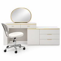 Coiffeuse blanche moderne avec miroir rond, rangement à tiroirs et armoire latérale, meuble de maquillage pour chambre à coucher avec détails dorés